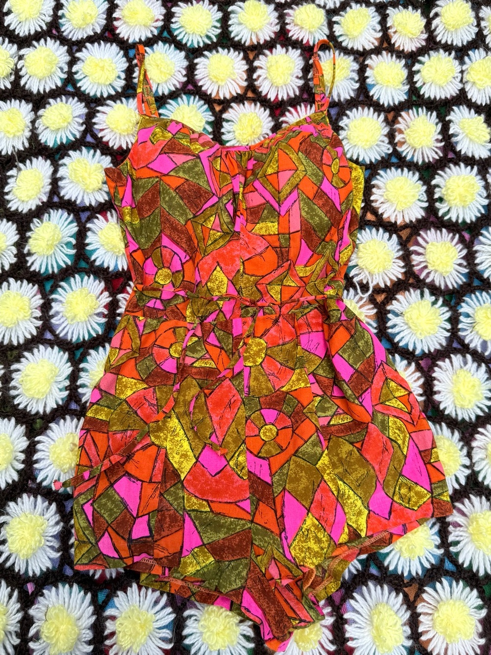 Vintage 60s Sirena cotton play suit mosaic print pinup swim wear